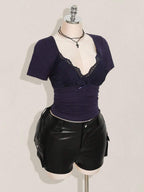 SHEIN ICON Plus Size V-Neck Lace Patchwork Waist Ruched Fitted Knit Top, Sexy T-Shirt For Spring/Summer, Wedding Guest Top