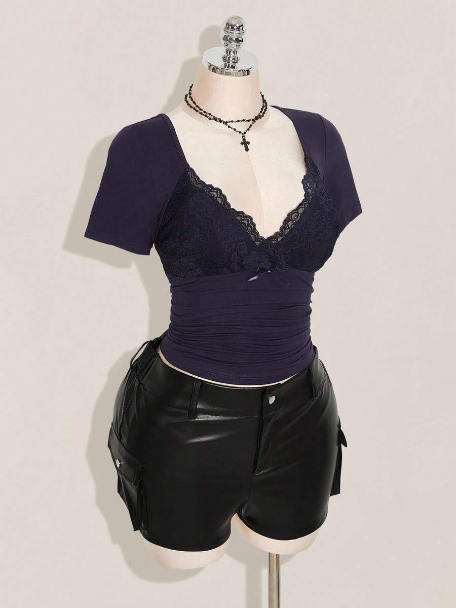SHEIN ICON Plus Size V-Neck Lace Patchwork Waist Ruched Fitted Knit Top, Sexy T-Shirt For Spring/Summer, Wedding Guest Top