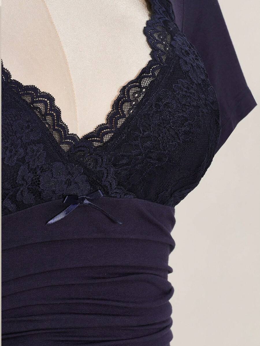 SHEIN ICON Plus Size V-Neck Lace Patchwork Waist Ruched Fitted Knit Top, Sexy T-Shirt For Spring/Summer, Wedding Guest Top