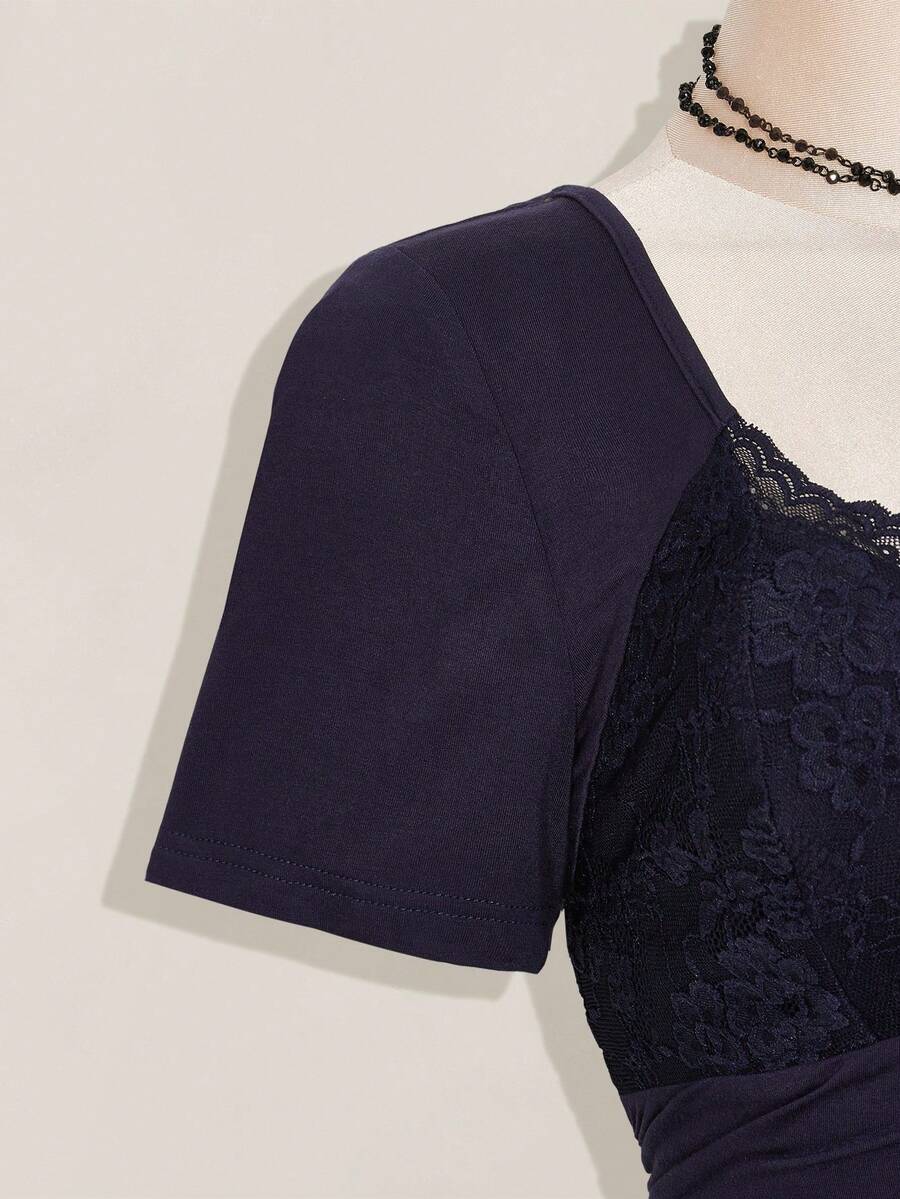 SHEIN ICON Plus Size V-Neck Lace Patchwork Waist Ruched Fitted Knit Top, Sexy T-Shirt For Spring/Summer, Wedding Guest Top