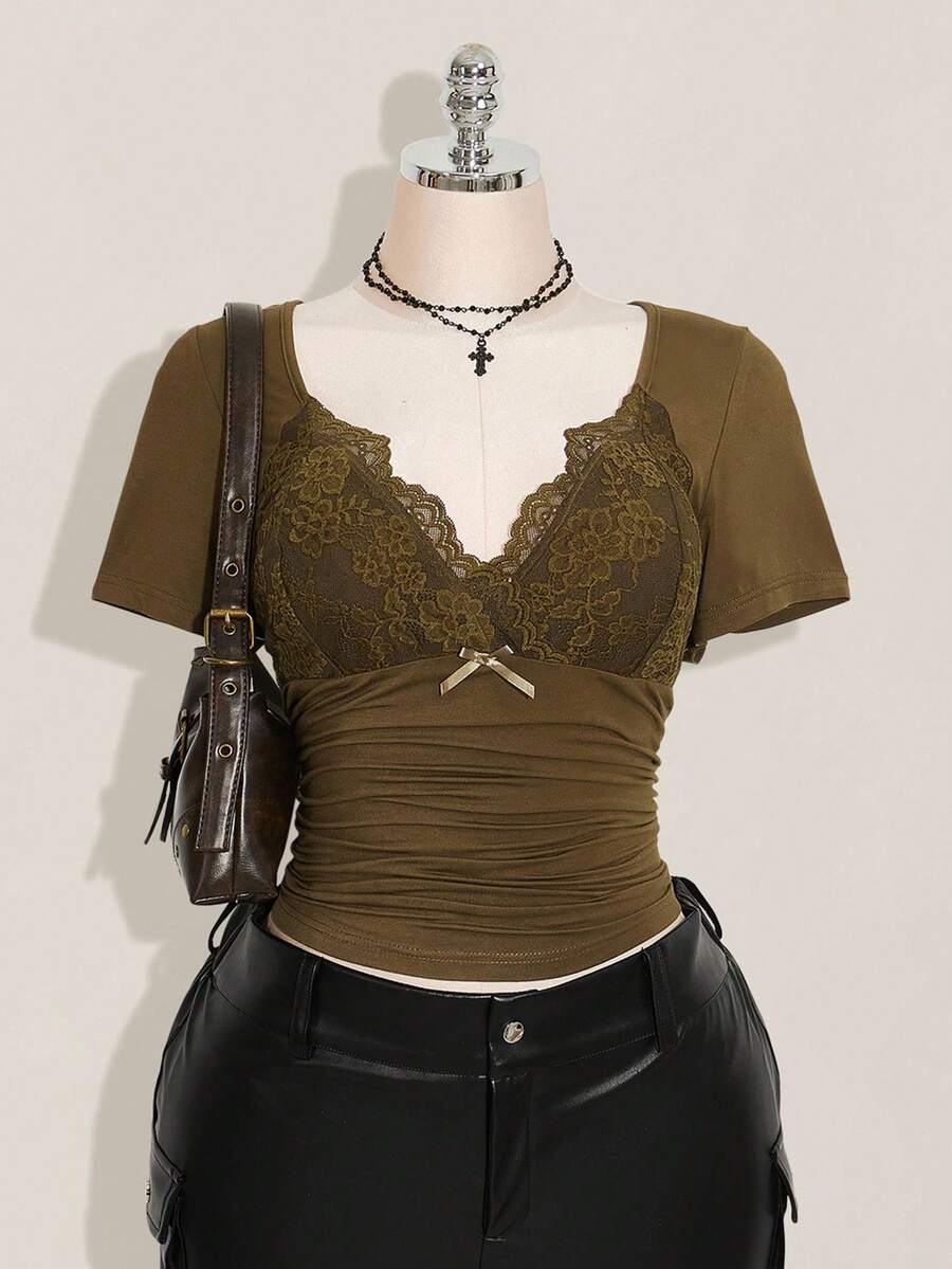 SHEIN ICON Plus Size V-Neck Lace Patchwork Waist Ruched Fitted Knit Top, Sexy T-Shirt For Spring/Summer, Wedding Guest Top