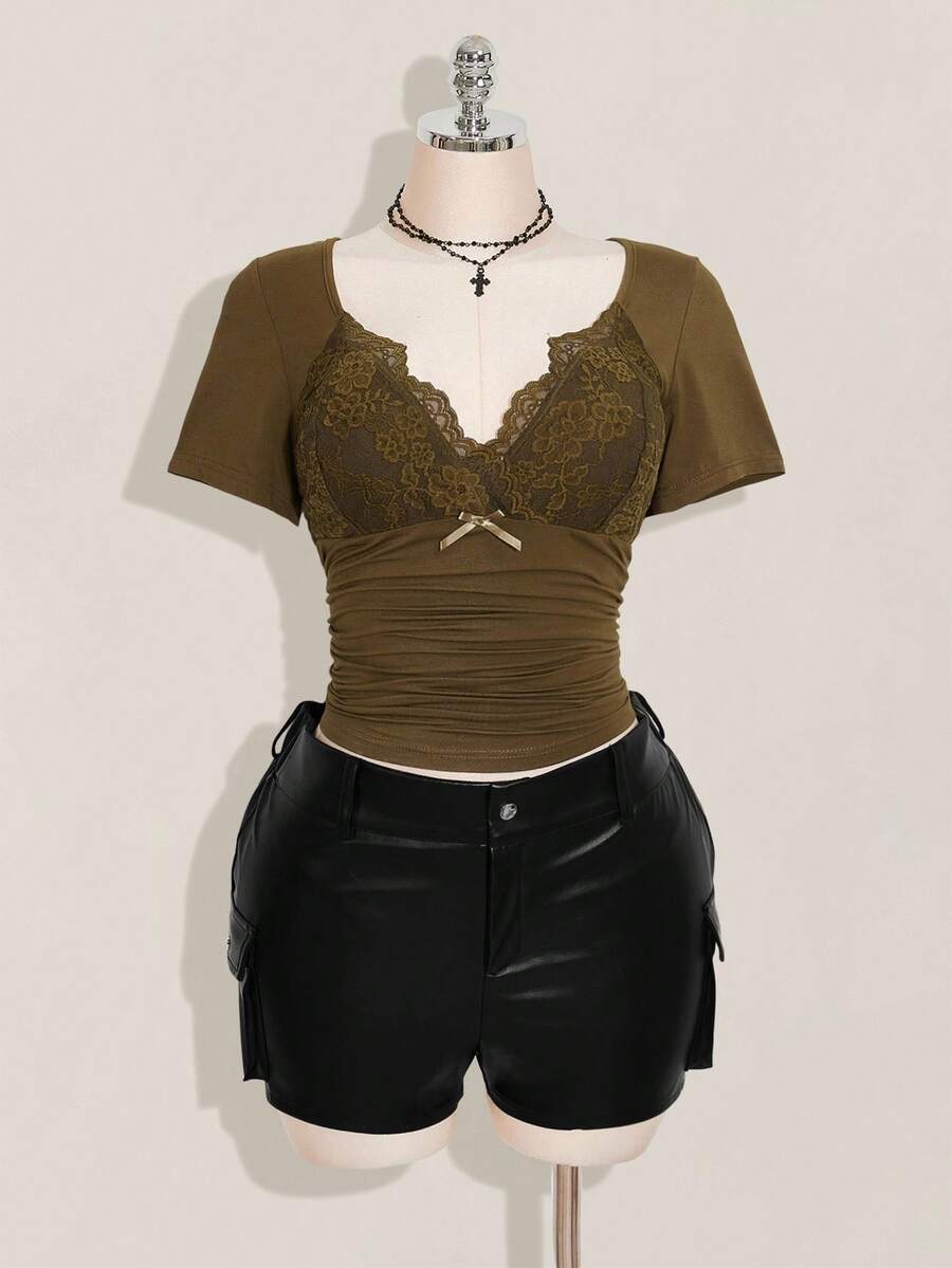SHEIN ICON Plus Size V-Neck Lace Patchwork Waist Ruched Fitted Knit Top, Sexy T-Shirt For Spring/Summer, Wedding Guest Top