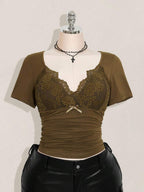 SHEIN ICON Plus Size V-Neck Lace Patchwork Waist Ruched Fitted Knit Top, Sexy T-Shirt For Spring/Summer, Wedding Guest Top