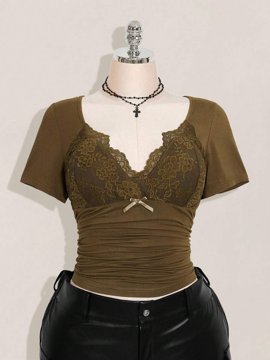 SHEIN ICON Plus Size V-Neck Lace Patchwork Waist Ruched Fitted Knit Top, Sexy T-Shirt For Spring/Summer, Wedding Guest Top