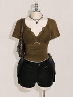 SHEIN ICON Plus Size V-Neck Lace Patchwork Waist Ruched Fitted Knit Top, Sexy T-Shirt For Spring/Summer, Wedding Guest Top