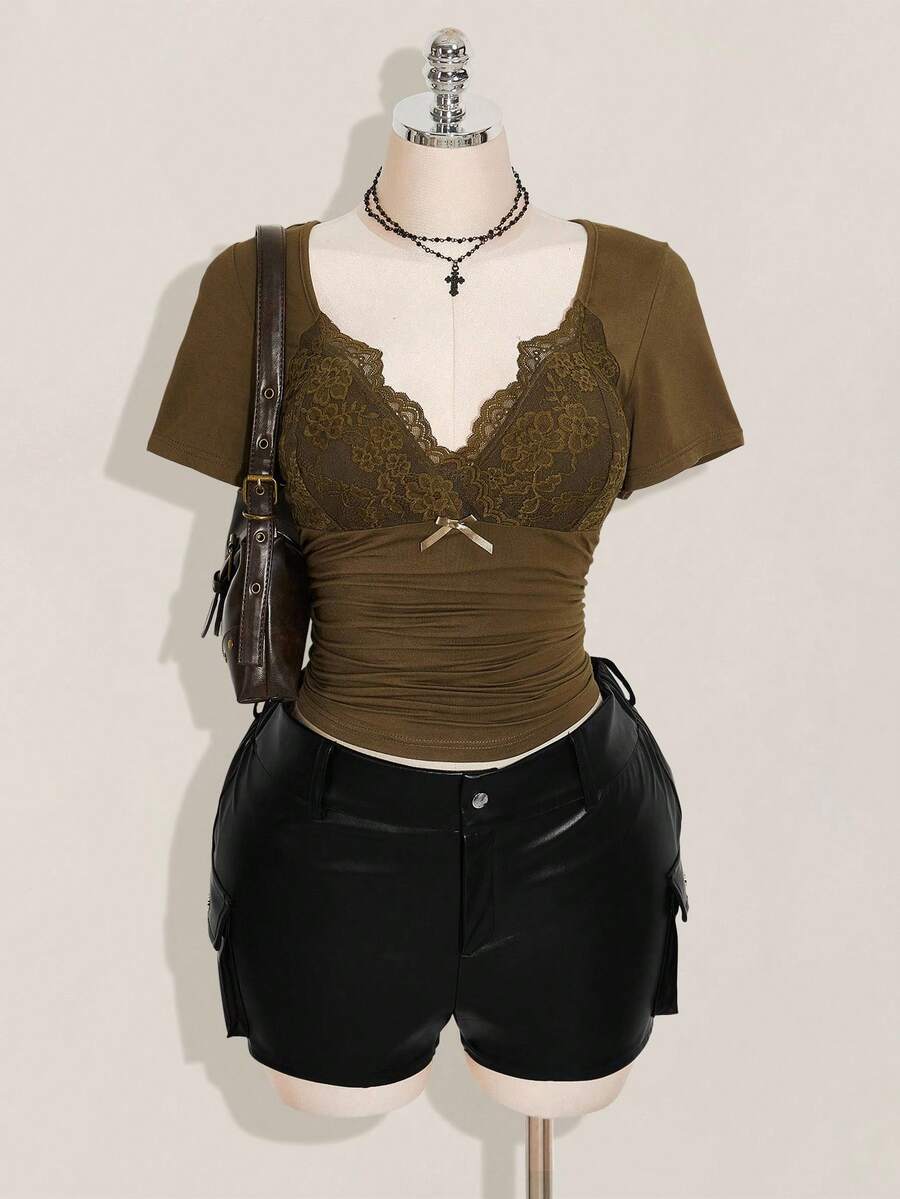 SHEIN ICON Plus Size V-Neck Lace Patchwork Waist Ruched Fitted Knit Top, Sexy T-Shirt For Spring/Summer, Wedding Guest Top