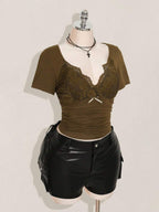 SHEIN ICON Plus Size V-Neck Lace Patchwork Waist Ruched Fitted Knit Top, Sexy T-Shirt For Spring/Summer, Wedding Guest Top
