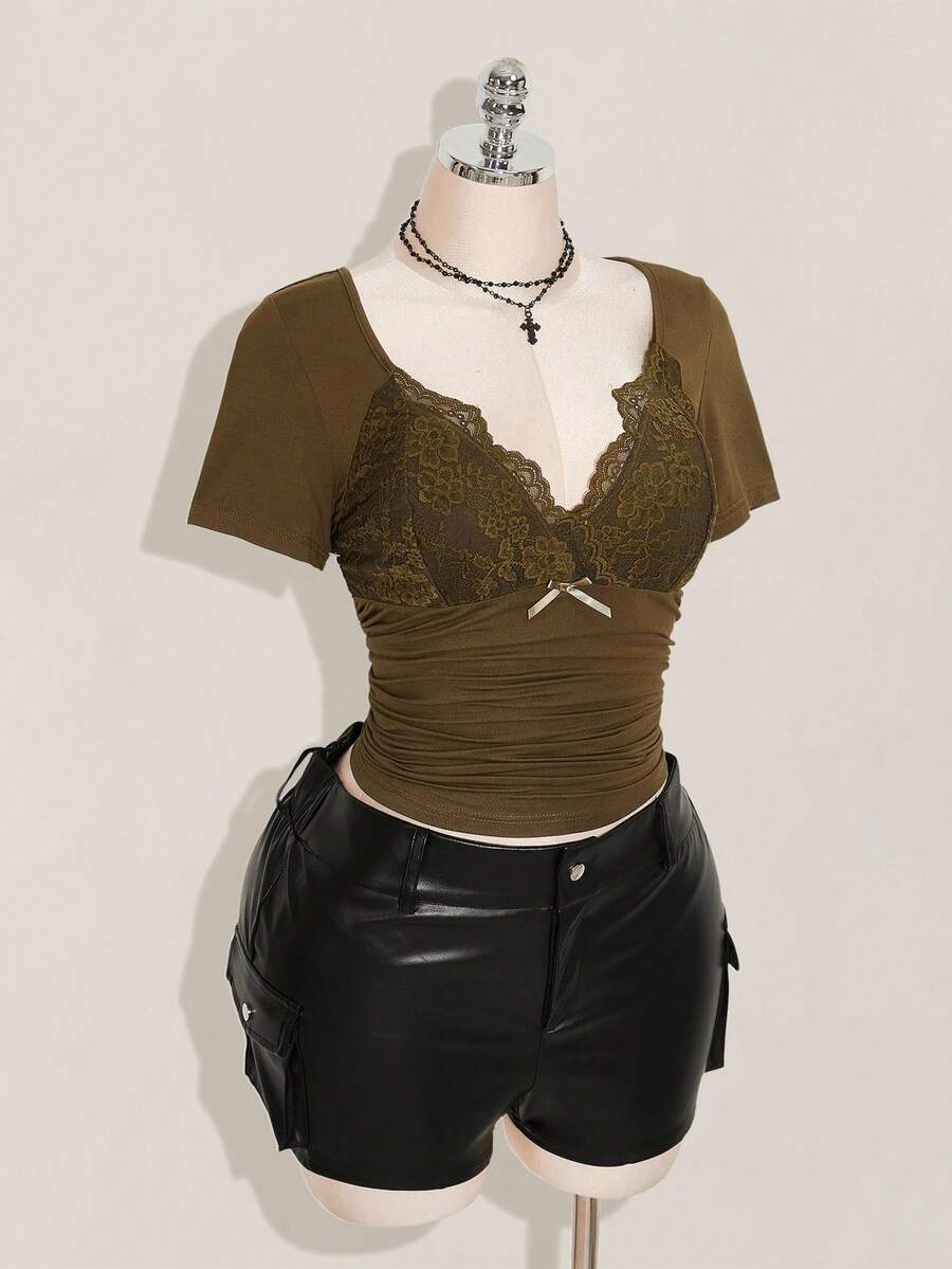 SHEIN ICON Plus Size V-Neck Lace Patchwork Waist Ruched Fitted Knit Top, Sexy T-Shirt For Spring/Summer, Wedding Guest Top