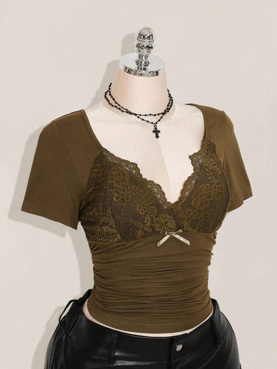 SHEIN ICON Plus Size V-Neck Lace Patchwork Waist Ruched Fitted Knit Top, Sexy T-Shirt For Spring/Summer, Wedding Guest Top