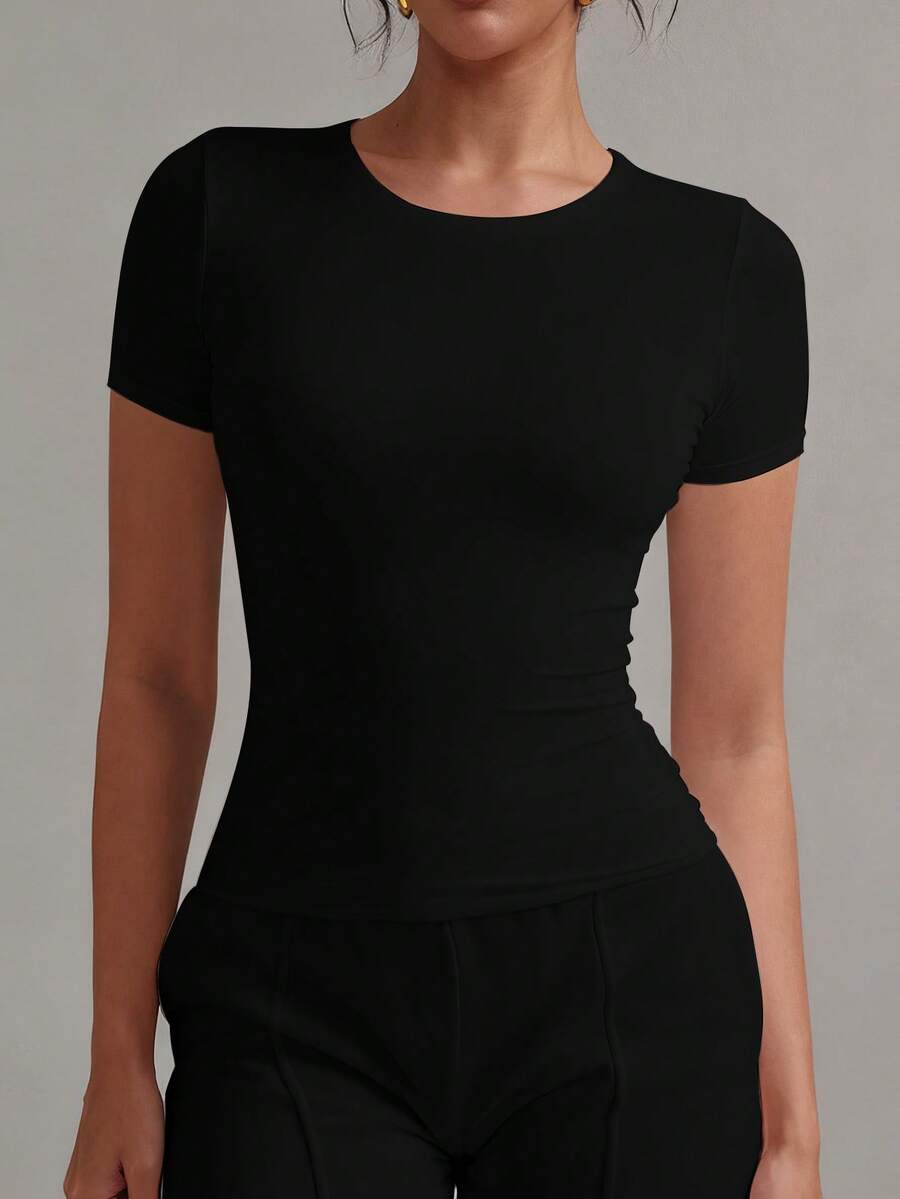 XLLAIS 2025 Model Black Short Sleeve Crew Neck Solid Color Basic Fitted Casual T-Shirt For Women, Summer