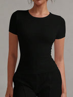 XLLAIS 2025 Model Black Short Sleeve Crew Neck Solid Color Basic Fitted Casual T-Shirt For Women, Summer