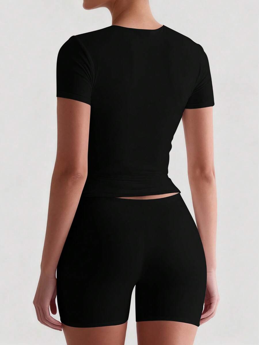 XLLAIS 2025 Model Black Short Sleeve Crew Neck Solid Color Basic Fitted Casual T-Shirt For Women, Summer
