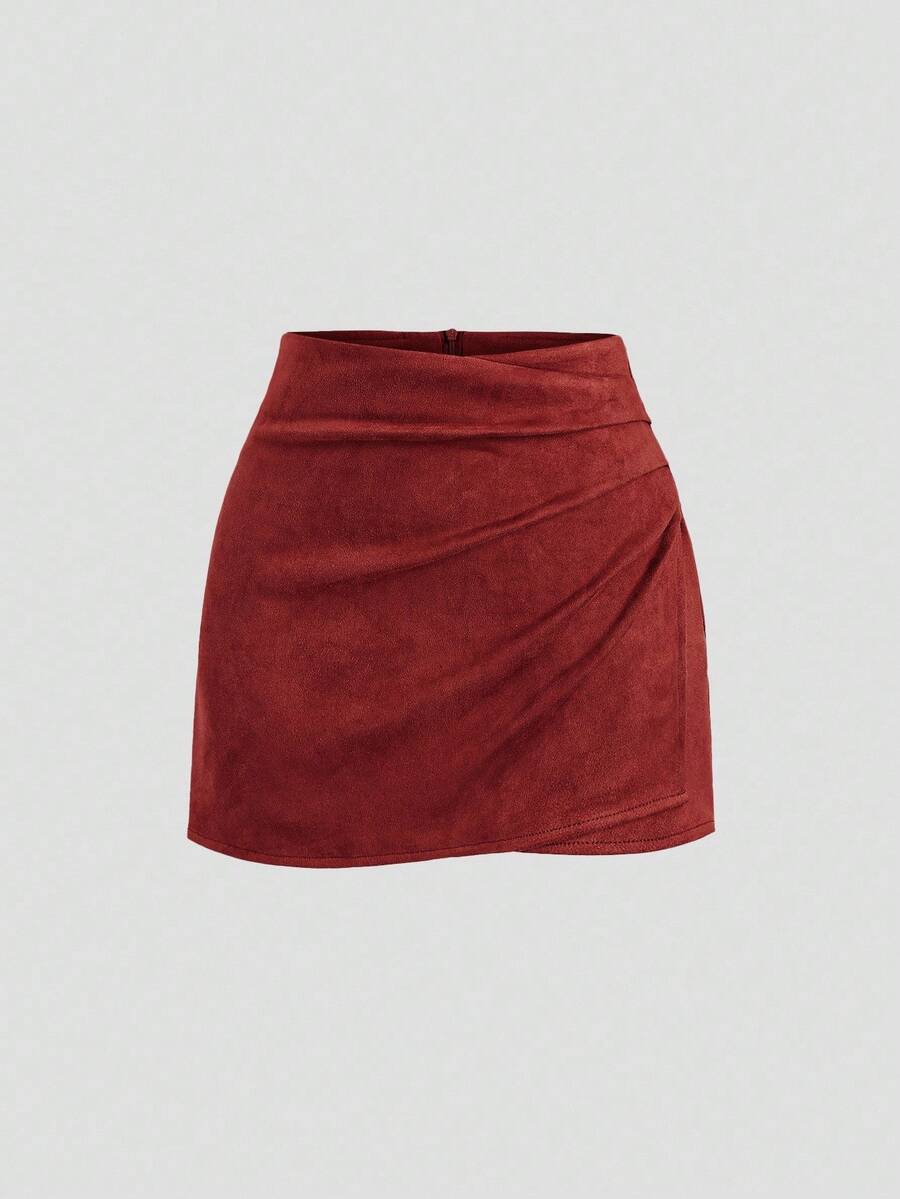 Sweetra Vintage Italian Style Maillard Color Pleated Bodycon Skirt, Sexy & Alluring For Autumn/Winter