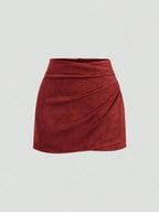 Sweetra Vintage Italian Style Maillard Color Pleated Bodycon Skirt, Sexy & Alluring For Autumn/Winter