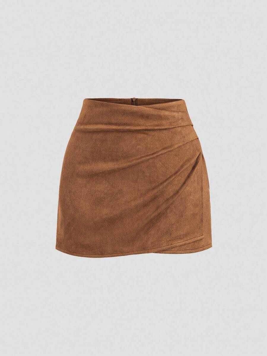 Sweetra Vintage Italian Style Maillard Color Pleated Bodycon Skirt, Sexy & Alluring For Autumn/Winter