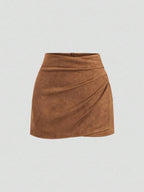 Sweetra Vintage Italian Style Maillard Color Pleated Bodycon Skirt, Sexy & Alluring For Autumn/Winter