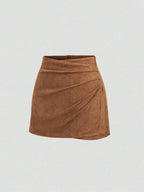 Sweetra Vintage Italian Style Maillard Color Pleated Bodycon Skirt, Sexy & Alluring For Autumn/Winter