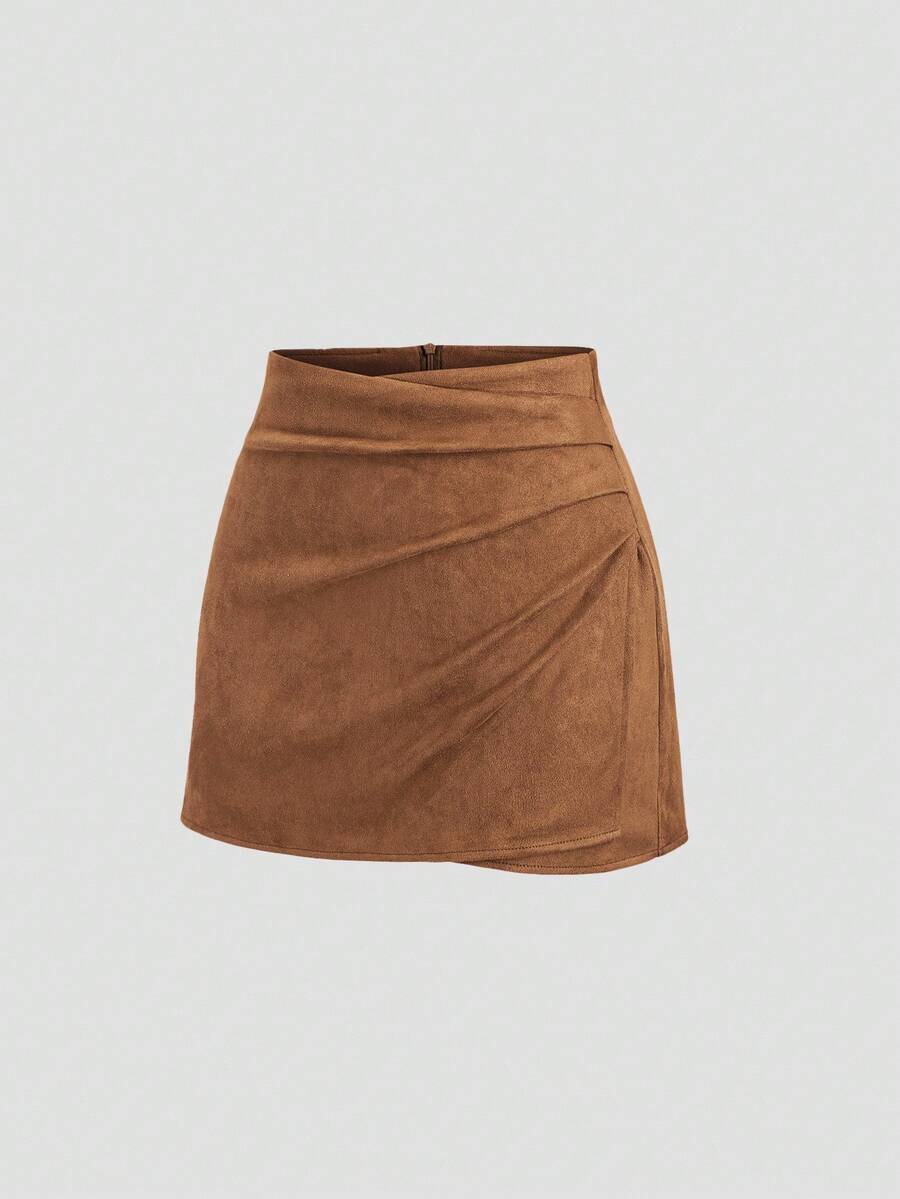 Sweetra Vintage Italian Style Maillard Color Pleated Bodycon Skirt, Sexy & Alluring For Autumn/Winter