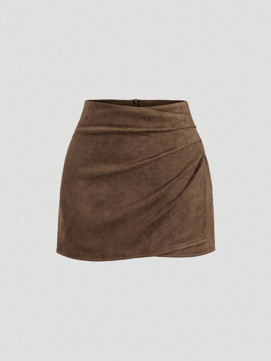 Sweetra Vintage Italian Style Maillard Color Pleated Bodycon Skirt, Sexy & Alluring For Autumn/Winter