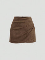 Sweetra Vintage Italian Style Maillard Color Pleated Bodycon Skirt, Sexy & Alluring For Autumn/Winter