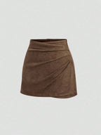 Sweetra Vintage Italian Style Maillard Color Pleated Bodycon Skirt, Sexy & Alluring For Autumn/Winter
