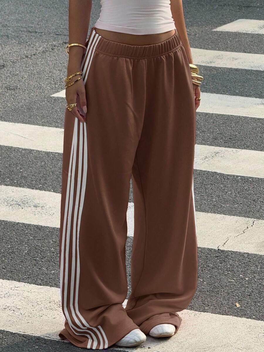 Muchica Women's White Striped Knitted Sweatpants Extra Long Straight Leg Pink Side Stripe Loose Fit Casual Track Pants For Everyday Wear White Beach Pants White Wide Leg Pants Women Wide Pants Wide Leg Summer Pants Palazzo Pants Women White Track Pants Women