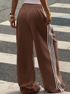 Muchica Women's White Striped Knitted Sweatpants Extra Long Straight Leg Pink Side Stripe Loose Fit Casual Track Pants For Everyday Wear White Beach Pants White Wide Leg Pants Women Wide Pants Wide Leg Summer Pants Palazzo Pants Women White Track Pants Women
