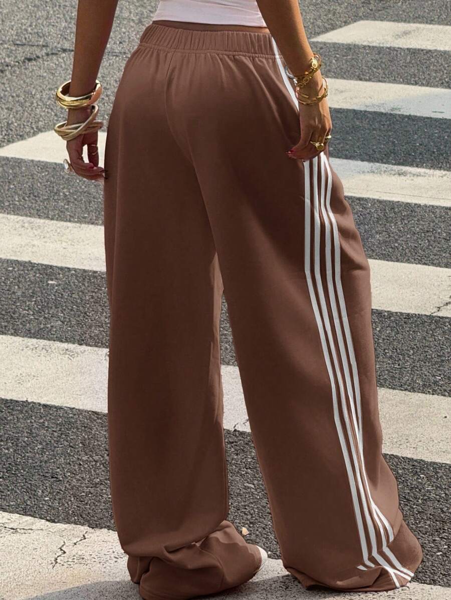 Muchica Women's White Striped Knitted Sweatpants Extra Long Straight Leg Pink Side Stripe Loose Fit Casual Track Pants For Everyday Wear White Beach Pants White Wide Leg Pants Women Wide Pants Wide Leg Summer Pants Palazzo Pants Women White Track Pants Women