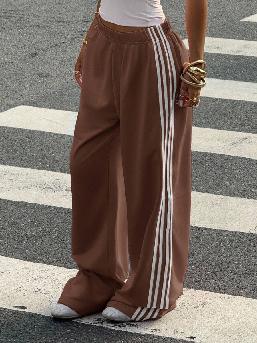 Muchica Women's White Striped Knitted Sweatpants Extra Long Straight Leg Pink Side Stripe Loose Fit Casual Track Pants For Everyday Wear White Beach Pants White Wide Leg Pants Women Wide Pants Wide Leg Summer Pants Palazzo Pants Women White Track Pants Women