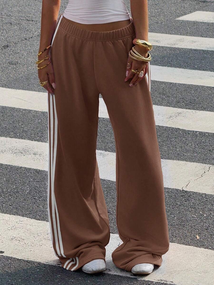 Muchica Women's White Striped Knitted Sweatpants Extra Long Straight Leg Pink Side Stripe Loose Fit Casual Track Pants For Everyday Wear White Beach Pants White Wide Leg Pants Women Wide Pants Wide Leg Summer Pants Palazzo Pants Women White Track Pants Women