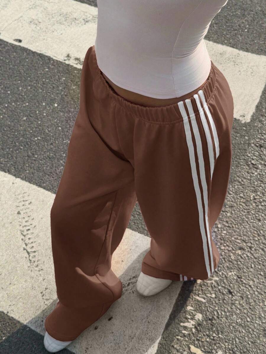 Muchica Women's White Striped Knitted Sweatpants Extra Long Straight Leg Pink Side Stripe Loose Fit Casual Track Pants For Everyday Wear White Beach Pants White Wide Leg Pants Women Wide Pants Wide Leg Summer Pants Palazzo Pants Women White Track Pants Women