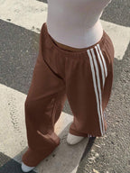 Muchica Women's White Striped Knitted Sweatpants Extra Long Straight Leg Pink Side Stripe Loose Fit Casual Track Pants For Everyday Wear White Beach Pants White Wide Leg Pants Women Wide Pants Wide Leg Summer Pants Palazzo Pants Women White Track Pants Women