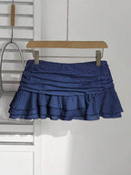 Elamini Women's Fashion Pleated Layered Decor Sweet Design Charming Polka Dot Ruffle Hem Vacation Style Skirt