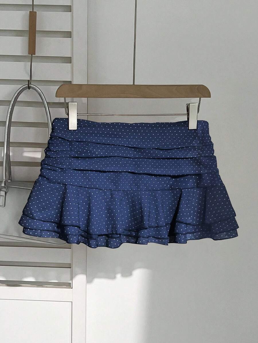 Elamini Women's Fashion Pleated Layered Decor Sweet Design Charming Polka Dot Ruffle Hem Vacation Style Skirt