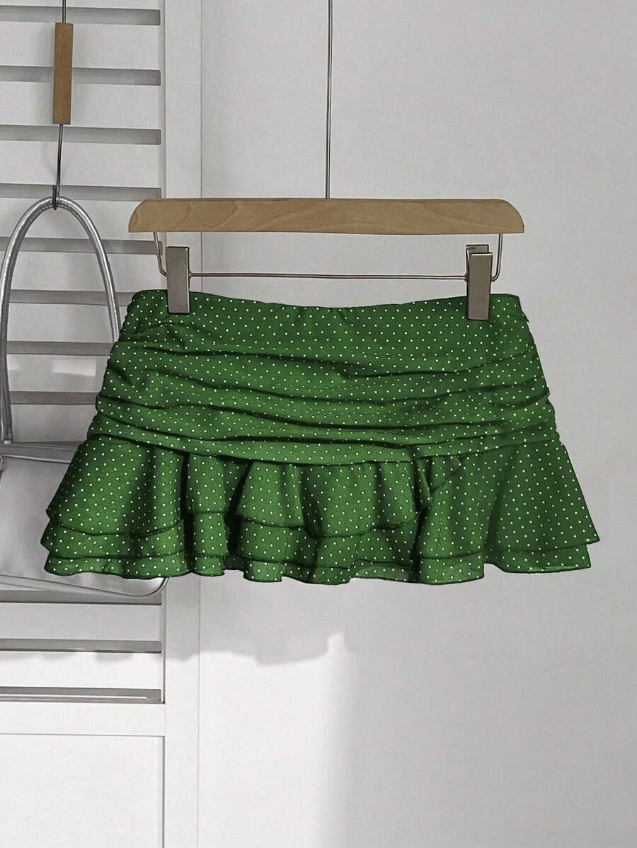 Elamini Women's Fashion Pleated Layered Decor Sweet Design Charming Polka Dot Ruffle Hem Vacation Style Skirt