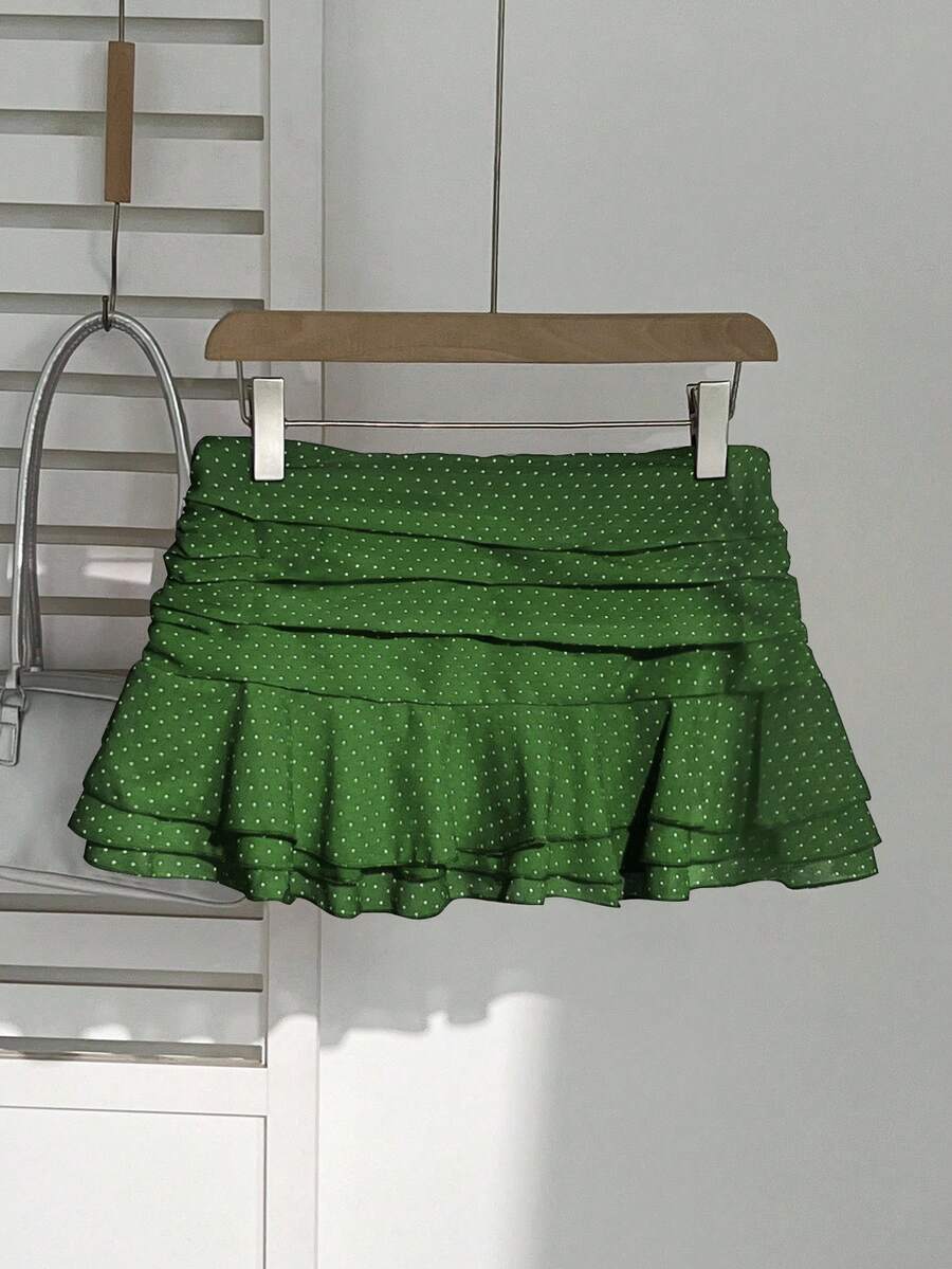 Elamini Women's Fashion Pleated Layered Decor Sweet Design Charming Polka Dot Ruffle Hem Vacation Style Skirt