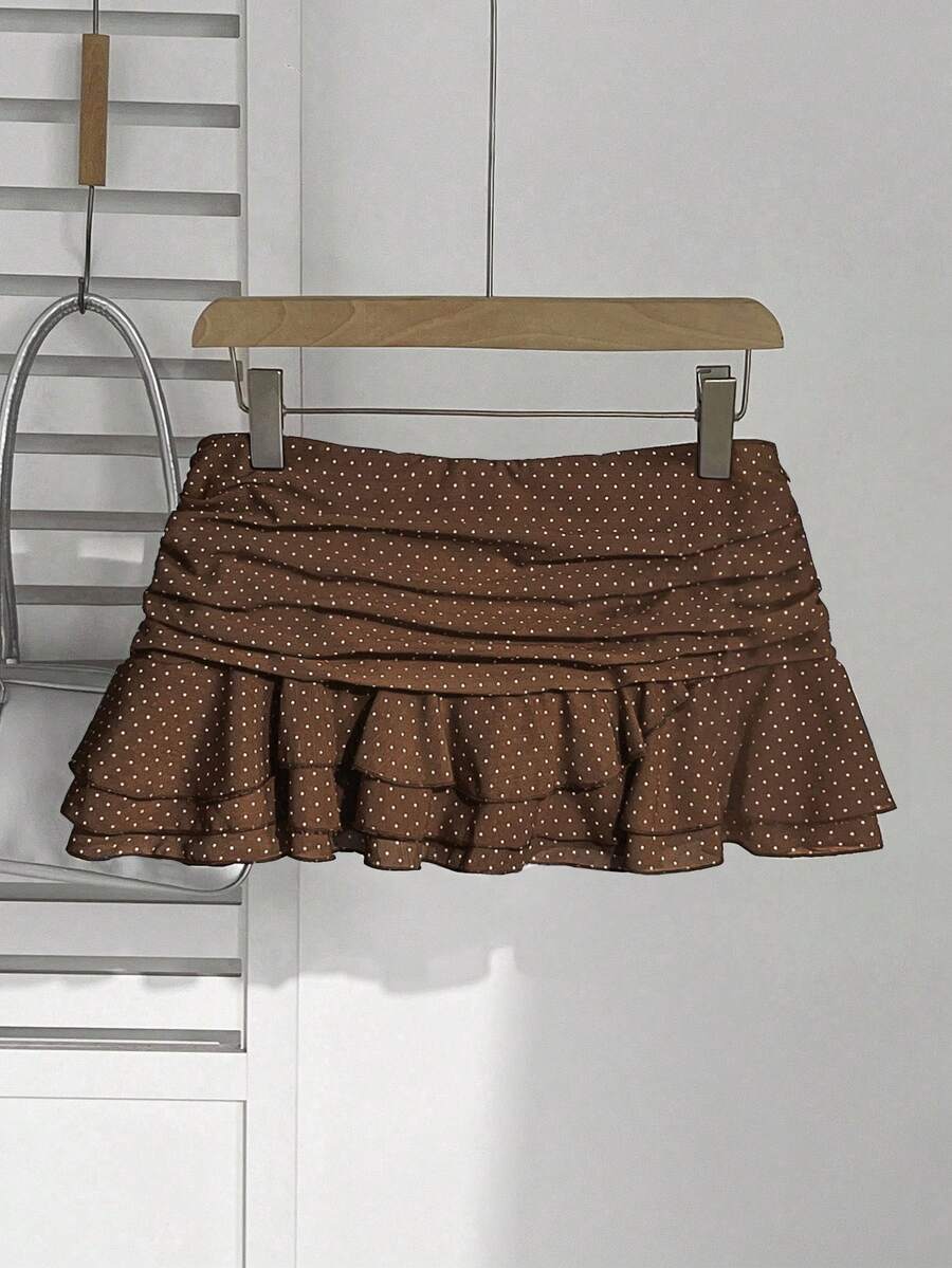 Elamini Women's Fashion Pleated Layered Decor Sweet Design Charming Polka Dot Ruffle Hem Vacation Style Skirt