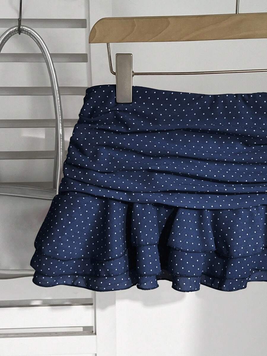 Elamini Women's Fashion Pleated Layered Decor Sweet Design Charming Polka Dot Ruffle Hem Vacation Style Skirt