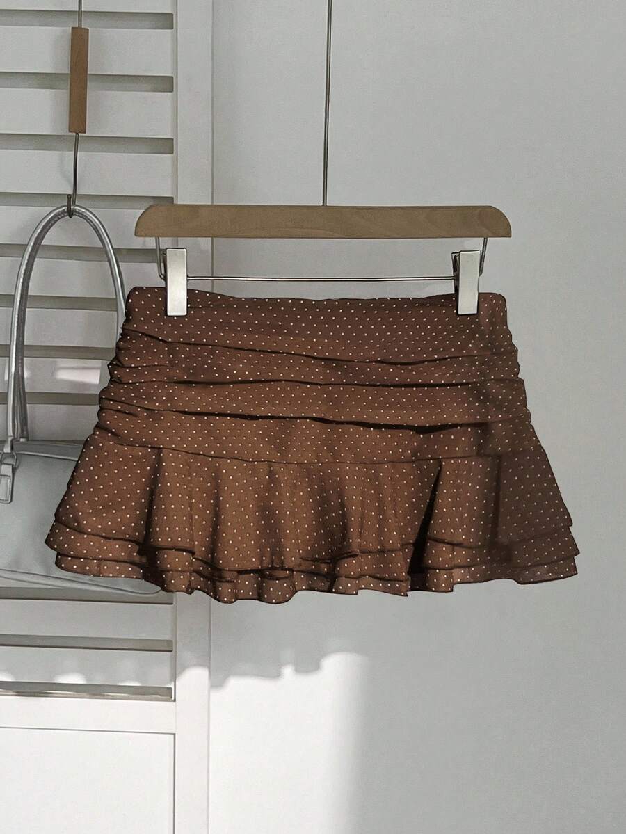 Elamini Women's Fashion Pleated Layered Decor Sweet Design Charming Polka Dot Ruffle Hem Vacation Style Skirt