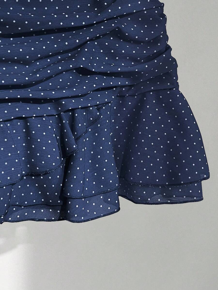 Elamini Women's Fashion Pleated Layered Decor Sweet Design Charming Polka Dot Ruffle Hem Vacation Style Skirt