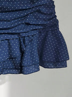 Elamini Women's Fashion Pleated Layered Decor Sweet Design Charming Polka Dot Ruffle Hem Vacation Style Skirt
