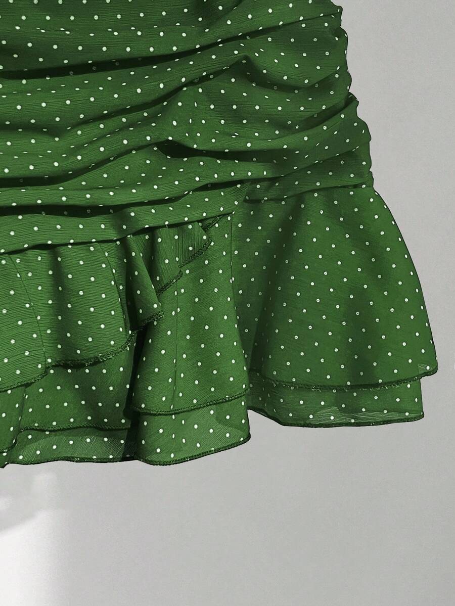 Elamini Women's Fashion Pleated Layered Decor Sweet Design Charming Polka Dot Ruffle Hem Vacation Style Skirt