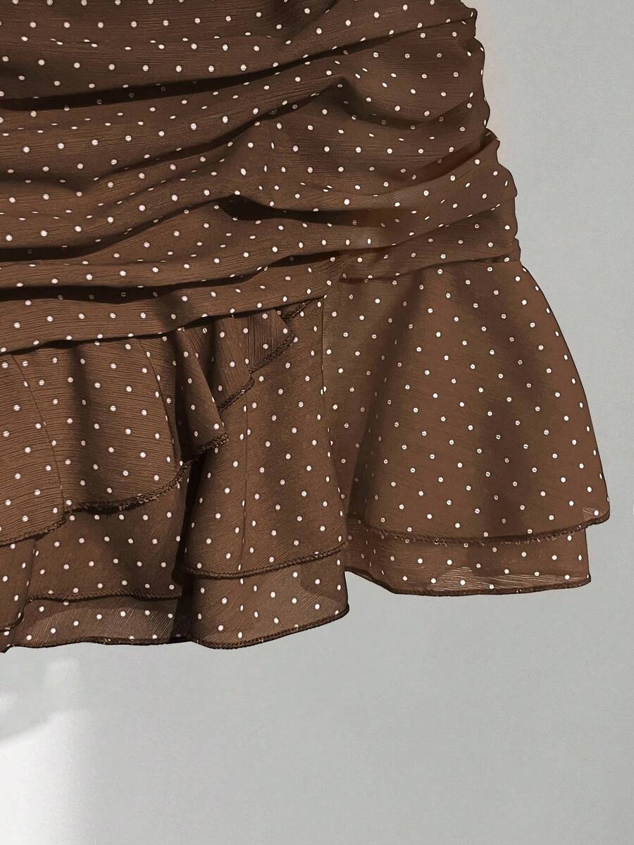 Elamini Women's Fashion Pleated Layered Decor Sweet Design Charming Polka Dot Ruffle Hem Vacation Style Skirt