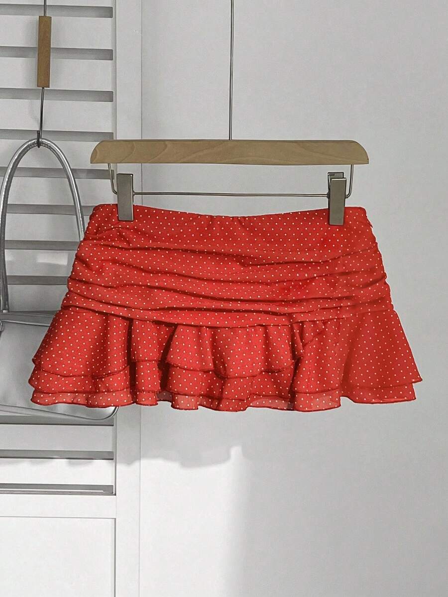 Elamini Women's Fashion Pleated Layered Decor Sweet Design Charming Polka Dot Ruffle Hem Vacation Style Skirt
