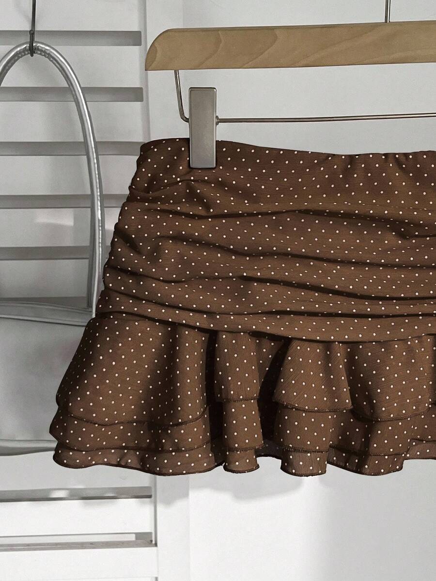 Elamini Women's Fashion Pleated Layered Decor Sweet Design Charming Polka Dot Ruffle Hem Vacation Style Skirt