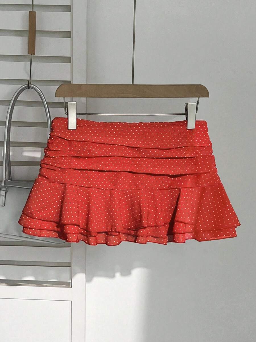 Elamini Women's Fashion Pleated Layered Decor Sweet Design Charming Polka Dot Ruffle Hem Vacation Style Skirt