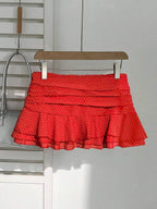 Elamini Women's Fashion Pleated Layered Decor Sweet Design Charming Polka Dot Ruffle Hem Vacation Style Skirt