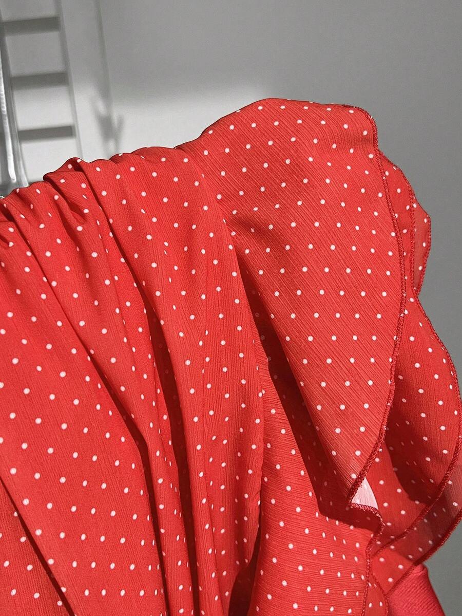 Elamini Women's Fashion Pleated Layered Decor Sweet Design Charming Polka Dot Ruffle Hem Vacation Style Skirt