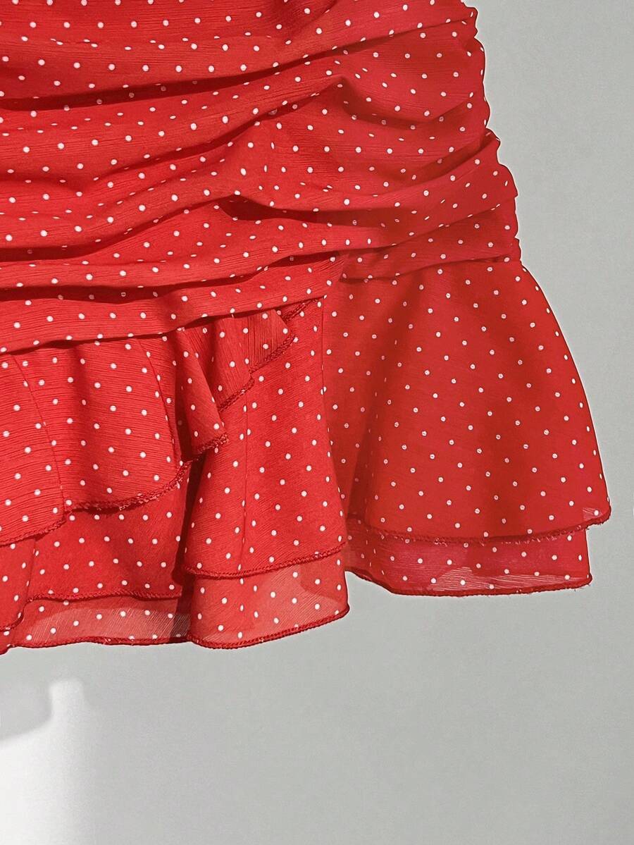 Elamini Women's Fashion Pleated Layered Decor Sweet Design Charming Polka Dot Ruffle Hem Vacation Style Skirt