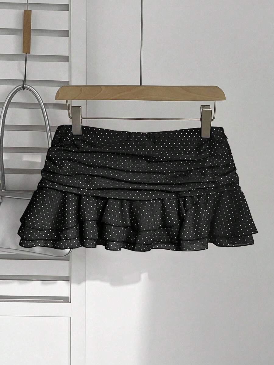 Elamini Women's Fashion Pleated Layered Decor Sweet Design Charming Polka Dot Ruffle Hem Vacation Style Skirt